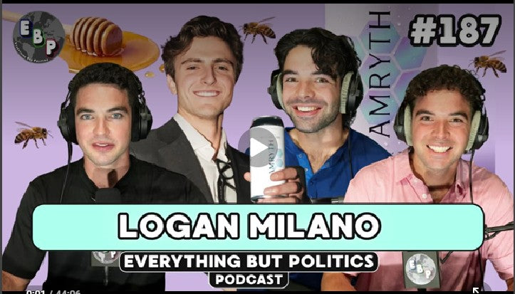 Four men with headphones on a podcast show with 'Everything But Politics' branding.